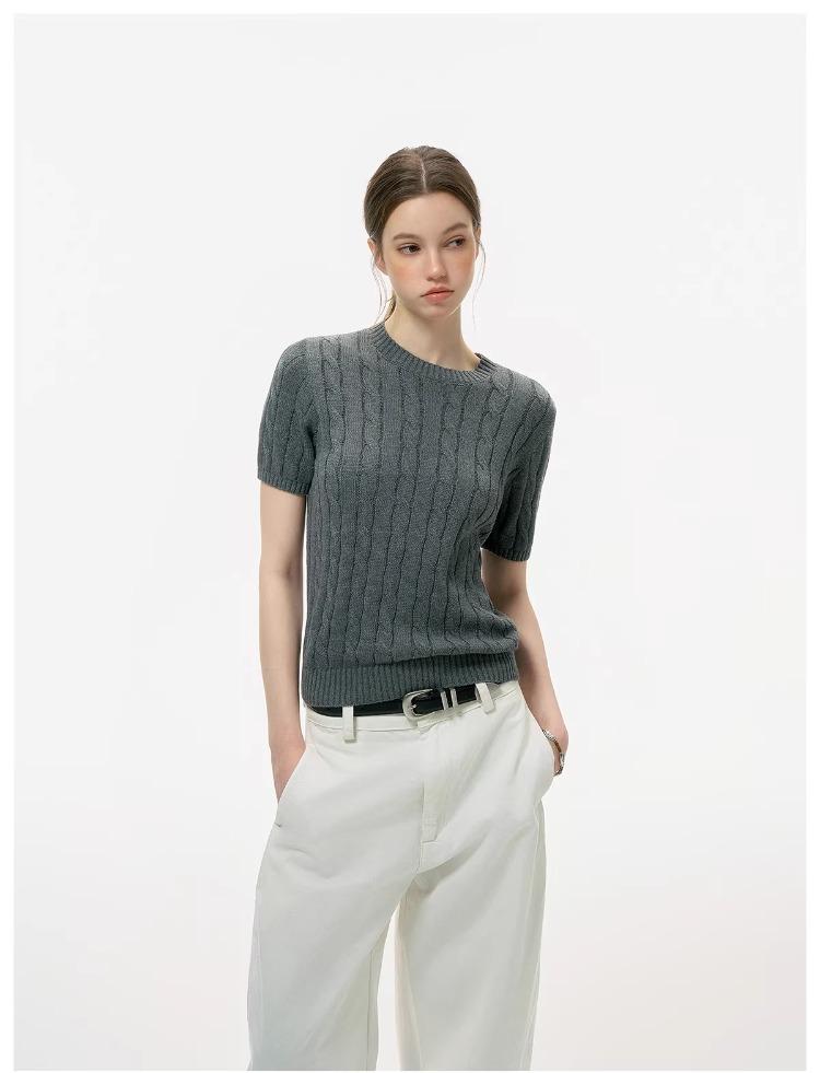 ICH MODE Intelligent Old Money Round Neck Cable Knit Short Sleeve Women's Summer Thin Mesh T-Shirt Pure Cotton Base Top Spring Off-White S 37
