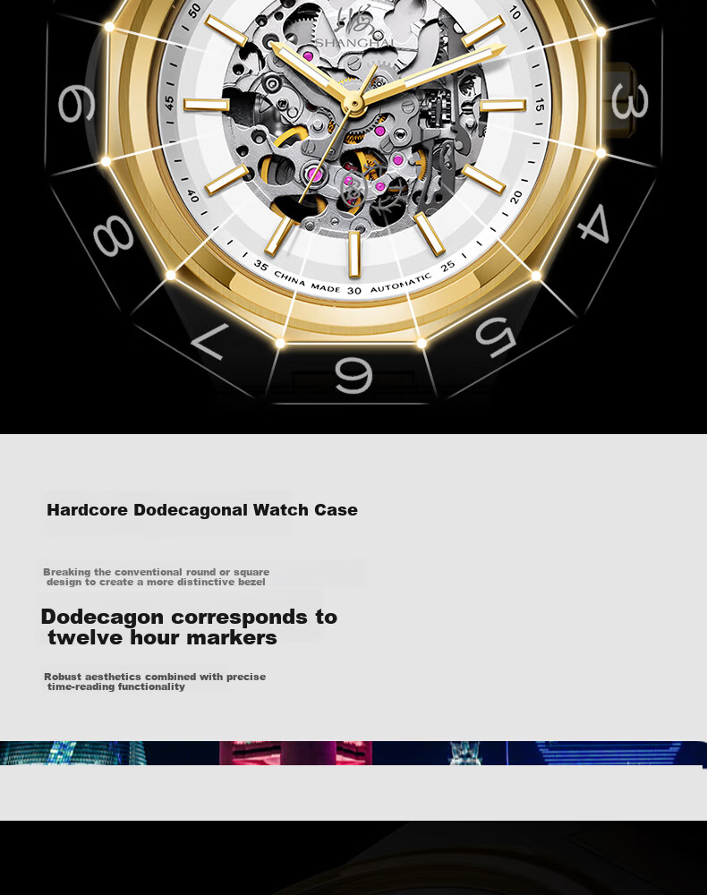 SHANGHAI Men's Automatic Mechanical Watch National Series Skeleton Luminous Wristwatch S8008 White Dial 6