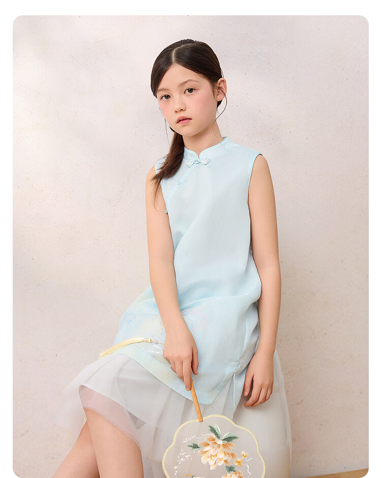 Balabala Girls Dress Children's Dress 2026 Summer New Baby New Chinese Style Qipao Dress Spliced Mesh Sweet 21