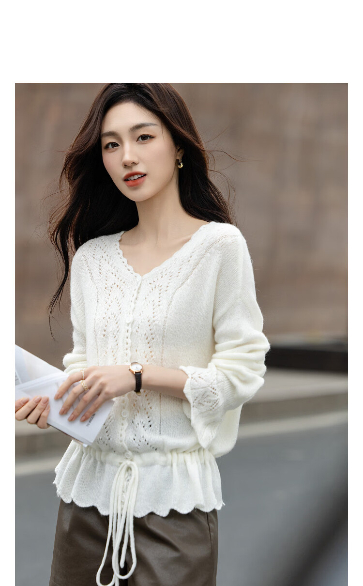Demana Mohair Wool Blend Autumn V-Neck Hollow Jacquard Ruffle Drawstring Slim Knit Sweater for Women 11