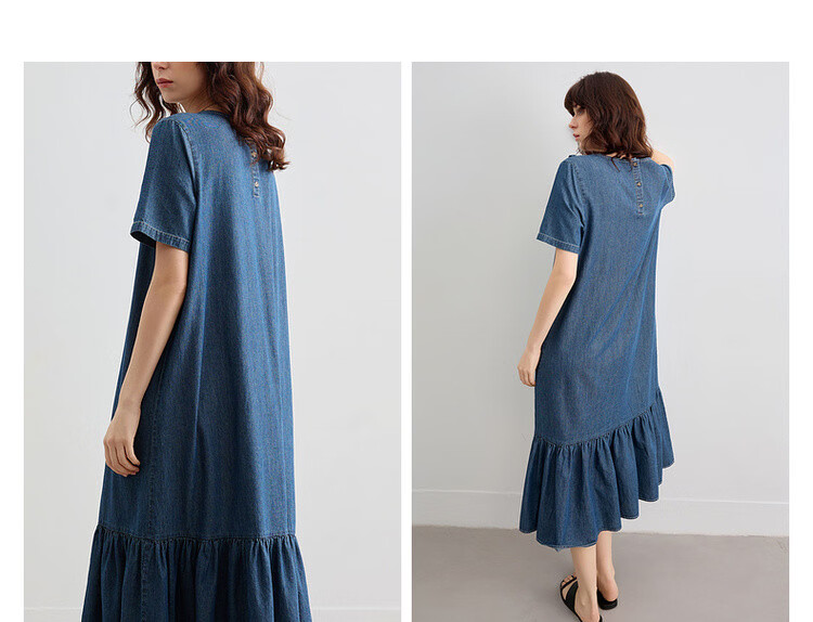 Demana Natural Cloud Oxygen Cotton Summer Vintage Casual Washed Round Neck Ruffle A-Line Slimming Women's Denim Dress 9