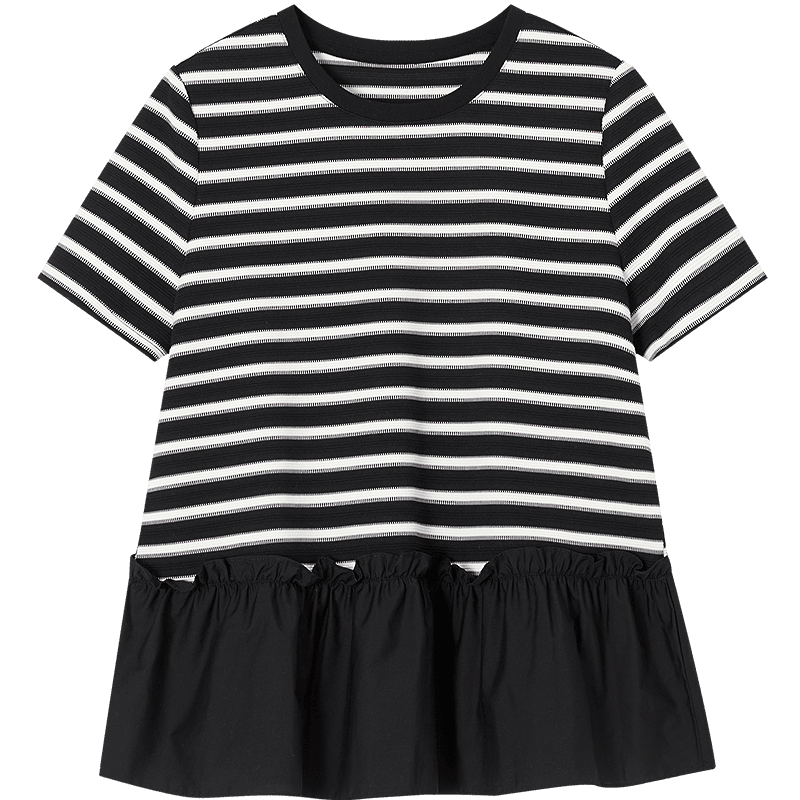 Demana Black and White World Summer Retro Striped Colorblock Slim Fit Crew Neck Short Sleeve T-Shirt for Petite Women Premium Quality