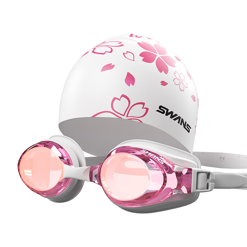 SWANS Swimming Goggles for Women, Imported Waterproof Anti-Fog High-Definition Swim Cap Set, Myopia Swimming Glasses Diving Equipment Cherry Blossom 150°