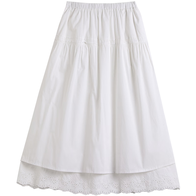 Demana [100% Cotton Poplin] Summer Elastic Waist Lace Splice Mid-Length Loose A-Line Slimming Skirt for Women Premium Quality