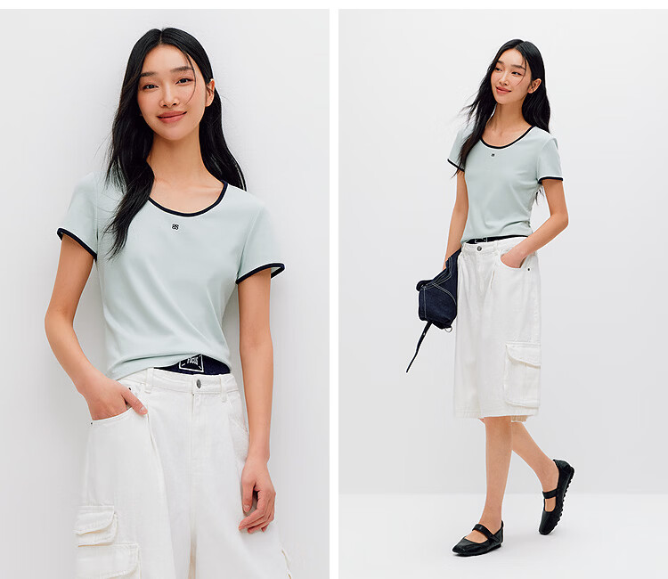 Semir Cooling T-Shirt | Mall Same Style Women's Summer Short Sleeve Color Block U-Neck Slim Fit 2026 Top 101326100003 12