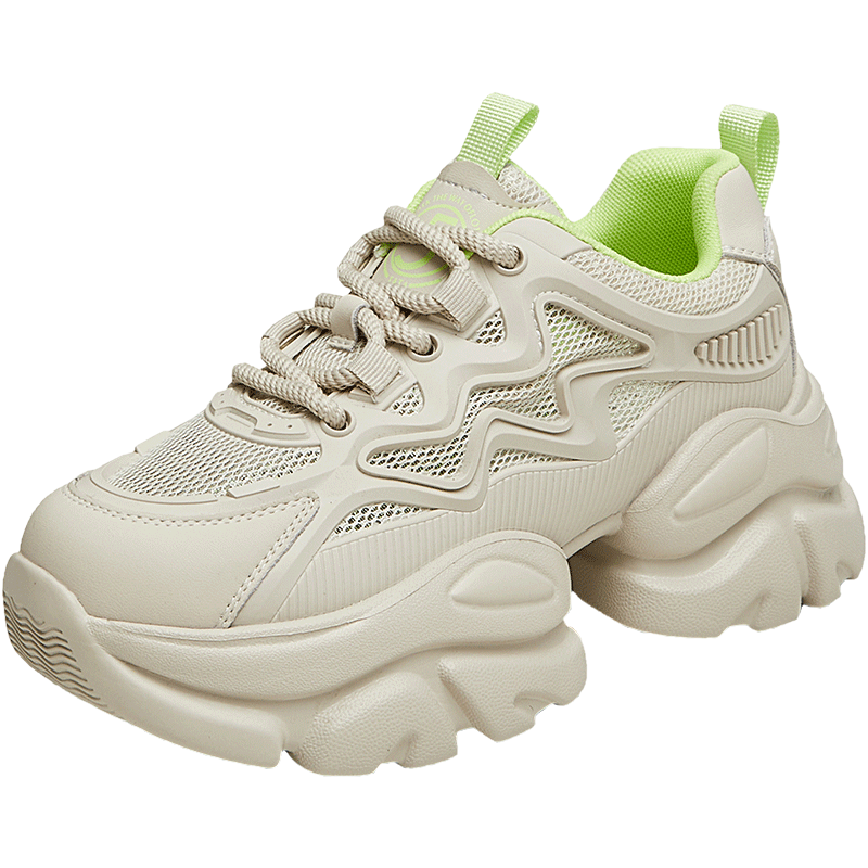 TATA Bubble Cream White Dad Sneakers Height Increasing Casual Shoes Thick Sole Versatile Sports Shoes BM5 Apricot/Green Size 37