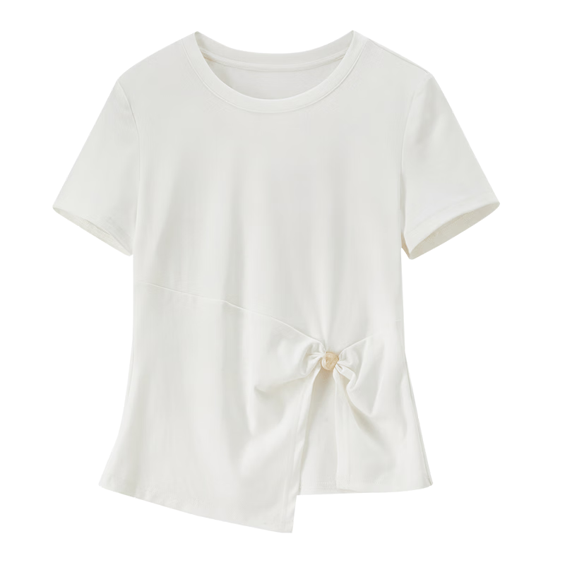 Shangdu Bila Lenzing Cotton T-Shirt Women Spring Summer Korean Style Round Neck Split Hem Beaded Twist Slim Fit Layering Top