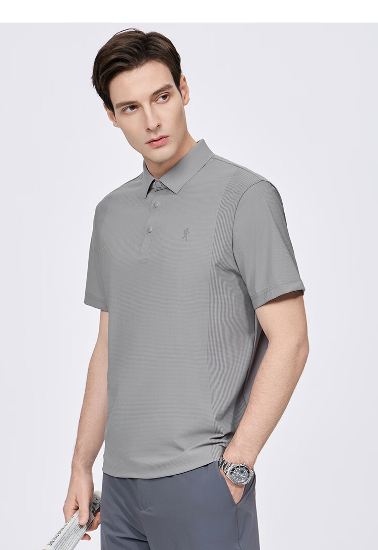 Dance with Wolves [Cool to the Touch] Lightweight High Elasticity Turn-down Collar Summer Small Check Ice Silk Short Sleeve Polo Shirt Men 008 Green Gray L 14