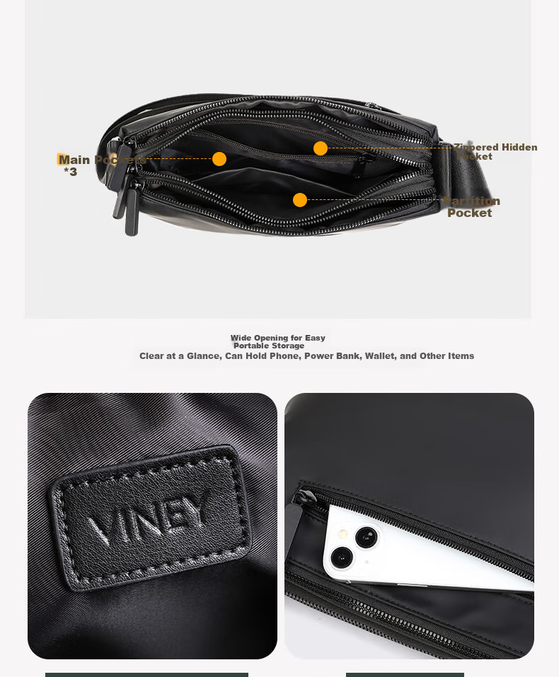 Viney Men's Crossbody Bag High-End Shoulder Bag Chest Bag Lightweight Luxury Travel Large Capacity Backpack Portable Phone Bag Commuter Waist Bag 4