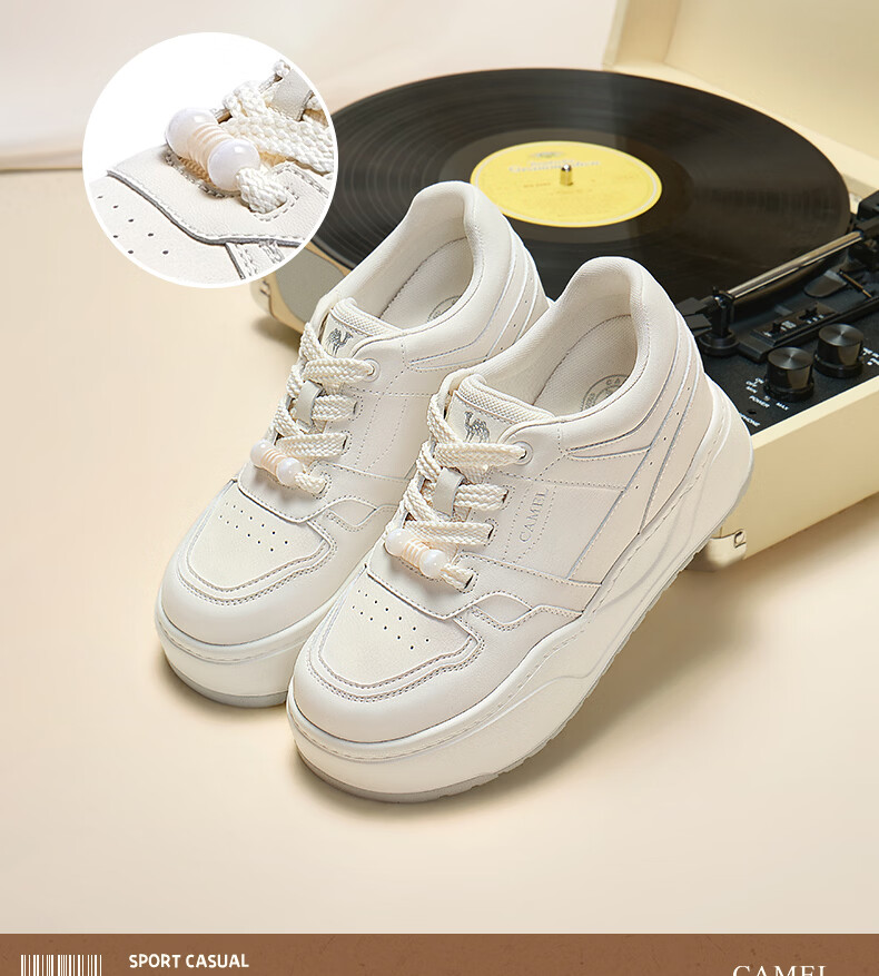 CAMEL Women's Classic Simple Casual White Sneakers Comfortable Height-Increasing Skate Shoes L26S577200 Beige/Silver Size 38 8