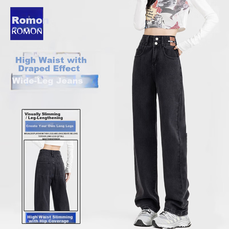 Romon Wide-Leg High-Waist Jeans for Women Summer American Style Loose Casual Slimming Floor-Length Straight Pants Black Gray M