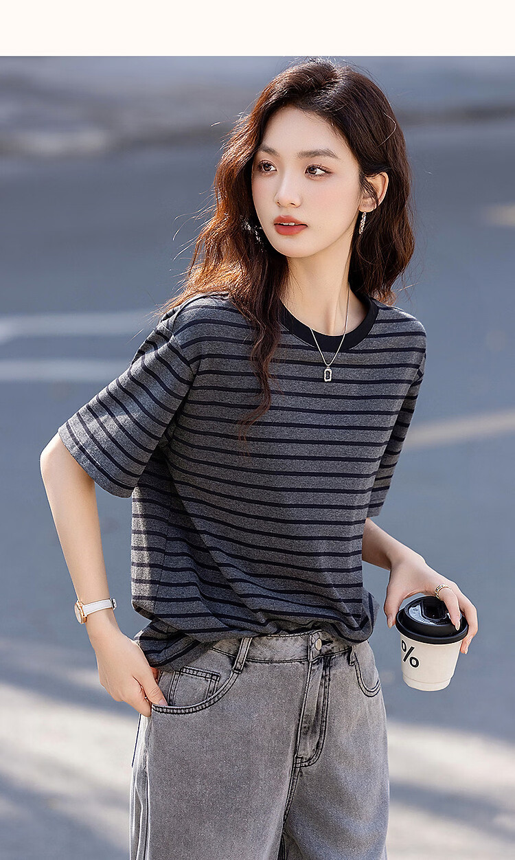 Demana [Sunshine Cotton] Summer Color-Block Crew Neck Five-Sleeve Base Shirt Loose Comfortable Women's T-Shirt for Petite 13