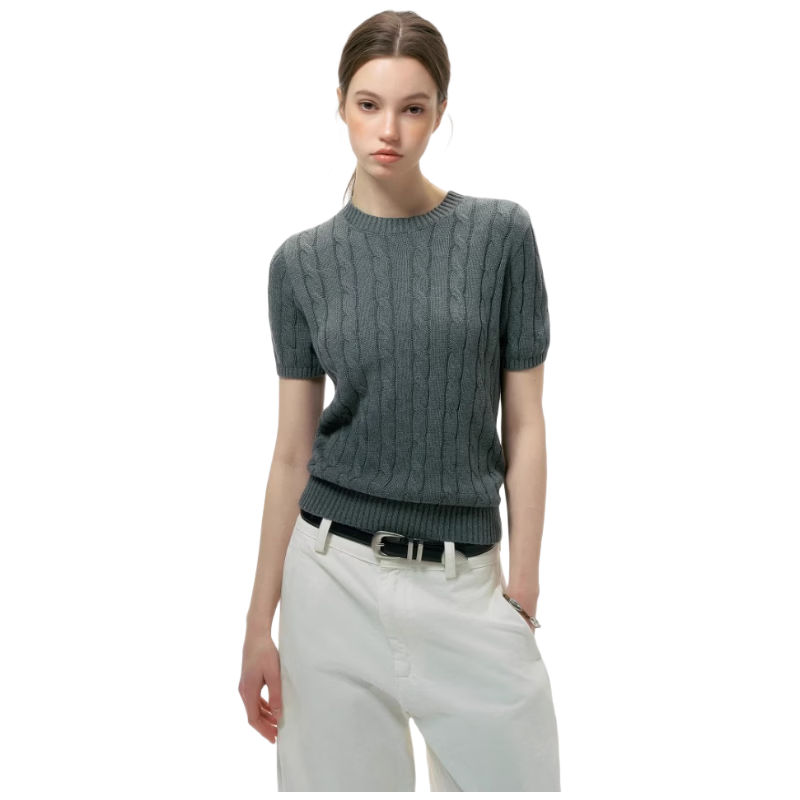 ICH MODE Intelligent Old Money Round Neck Cable Knit Short Sleeve Women's Summer Thin Mesh T-Shirt Pure Cotton Base Top Spring Off-White S