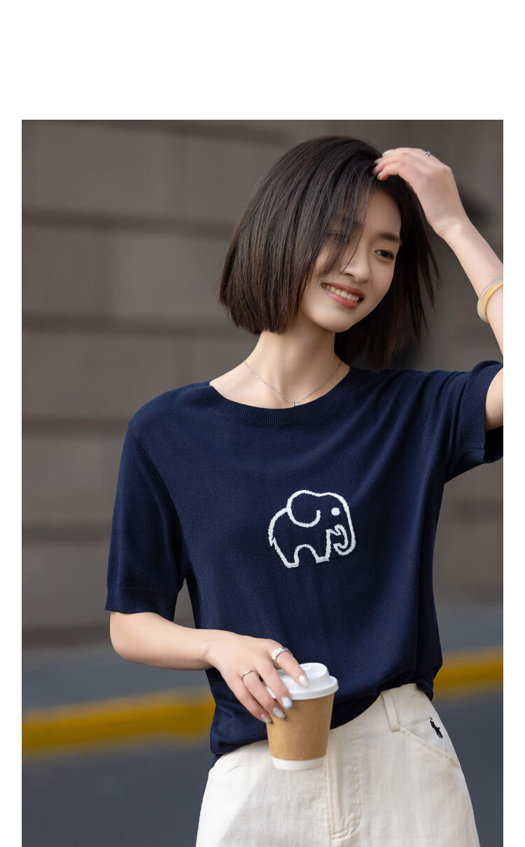 Demana [Elephant Roaming] Summer Elegant Round Neck Color-Block Jacquard Slimming Short Sleeve Knit Top for Women 14