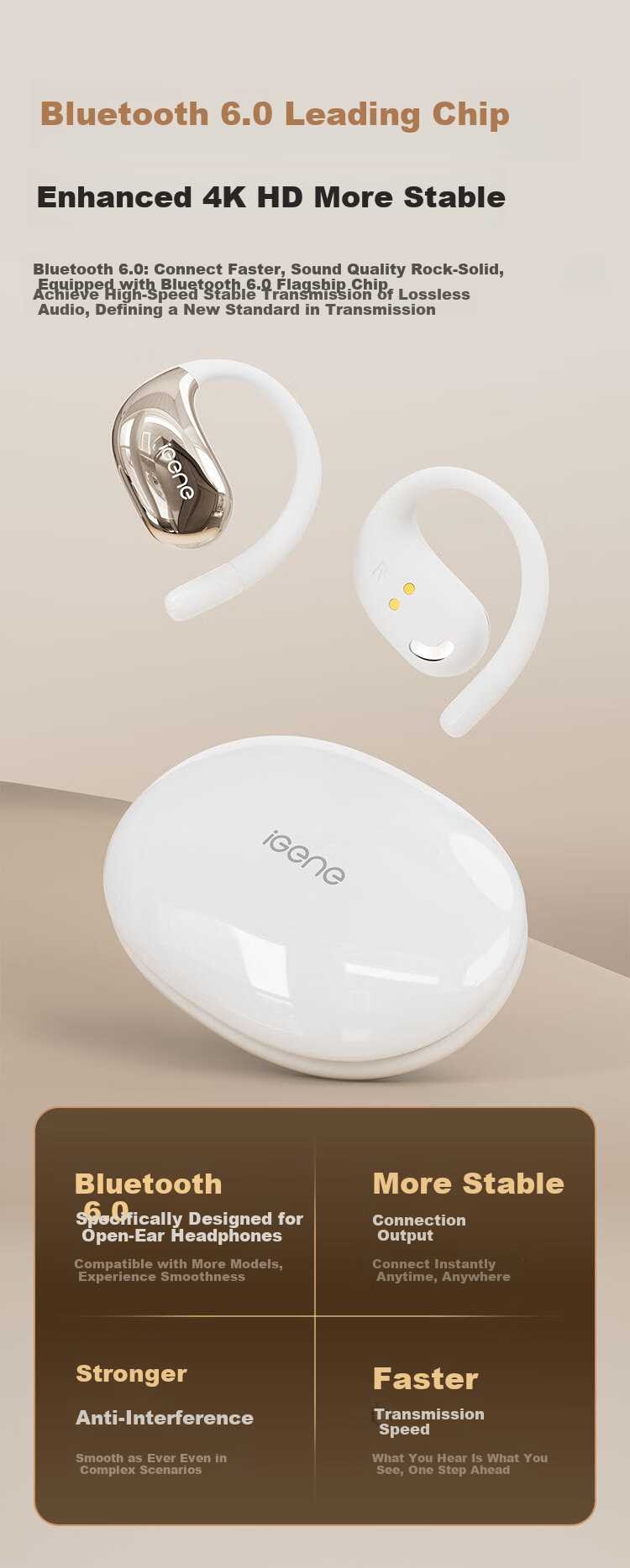 IGene 14mm Gold Label Panorama Sound 6.0 Bluetooth Earhook Bone Conduction Wireless Open-Ear Music Sports Running Headphones Compatible with Huawei Xiaomi S160 10