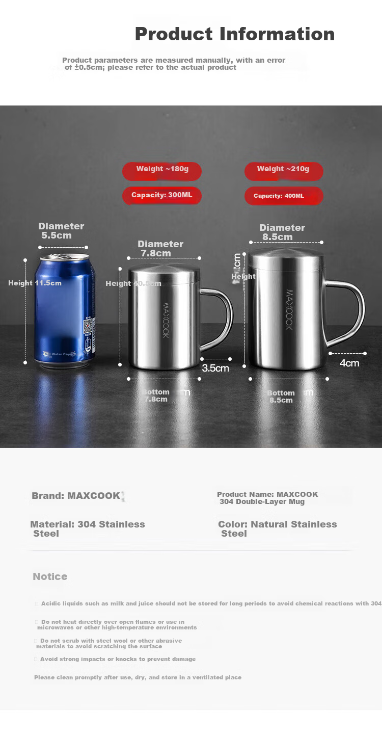 MAXCOOK 304 Stainless Steel Water Cup Mug Children's Drinking Cup Household Double-Layer Anti-Drop Handle 300ml 3