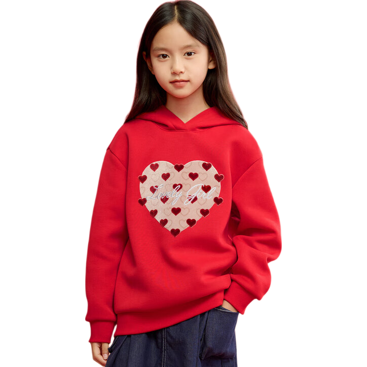 BALABALA Children's Clothing, Girls' Long-Sleeve Sweatshirt, Spring Hoodie with Heart Pattern, New Year Red Top, 209125121001