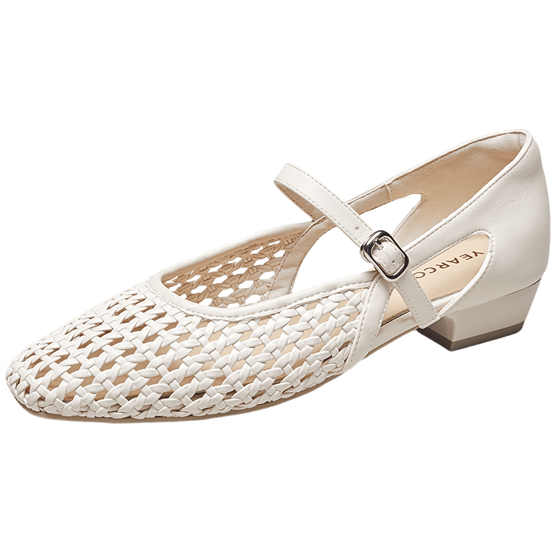 Eierkang Women's French Style Woven Hollow Mary Jane Low Heel Commuter Shallow Single Shoes 29982W Off-White Size 36