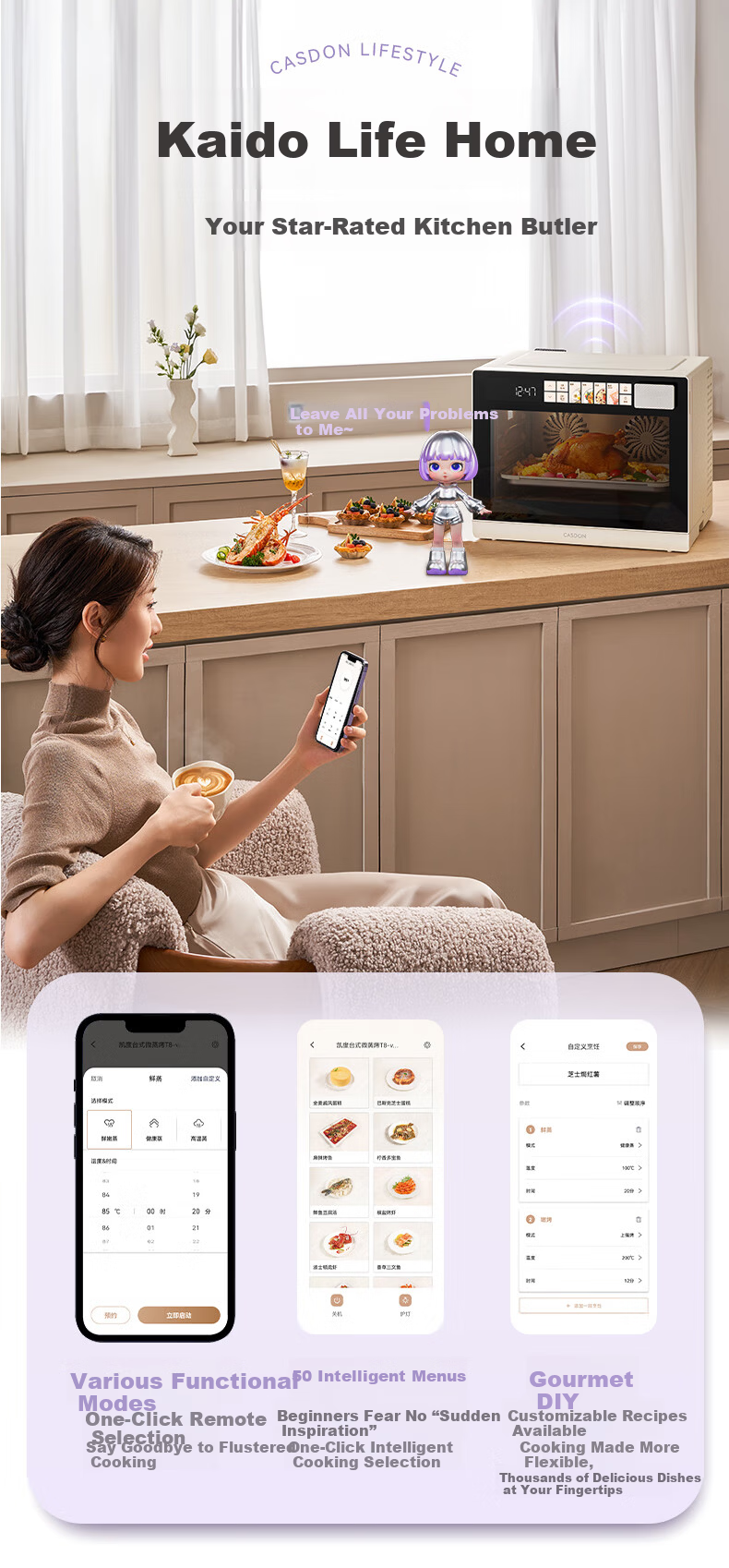 CASDON Yang Mi Recommended 32L Countertop Microwave Oven with Steam, Bake, Roast, and Air Fry Functions Dual Convection Purple Flame T8 15