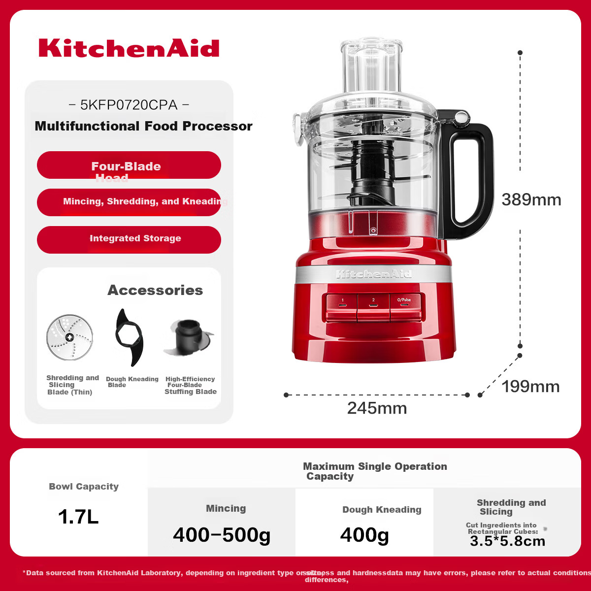 KitchenAid 1.7L Food Processor Meat Grinder Vegetable Cutter Dough Kneader Multifunctional 5KFP0720CPA Passion Red