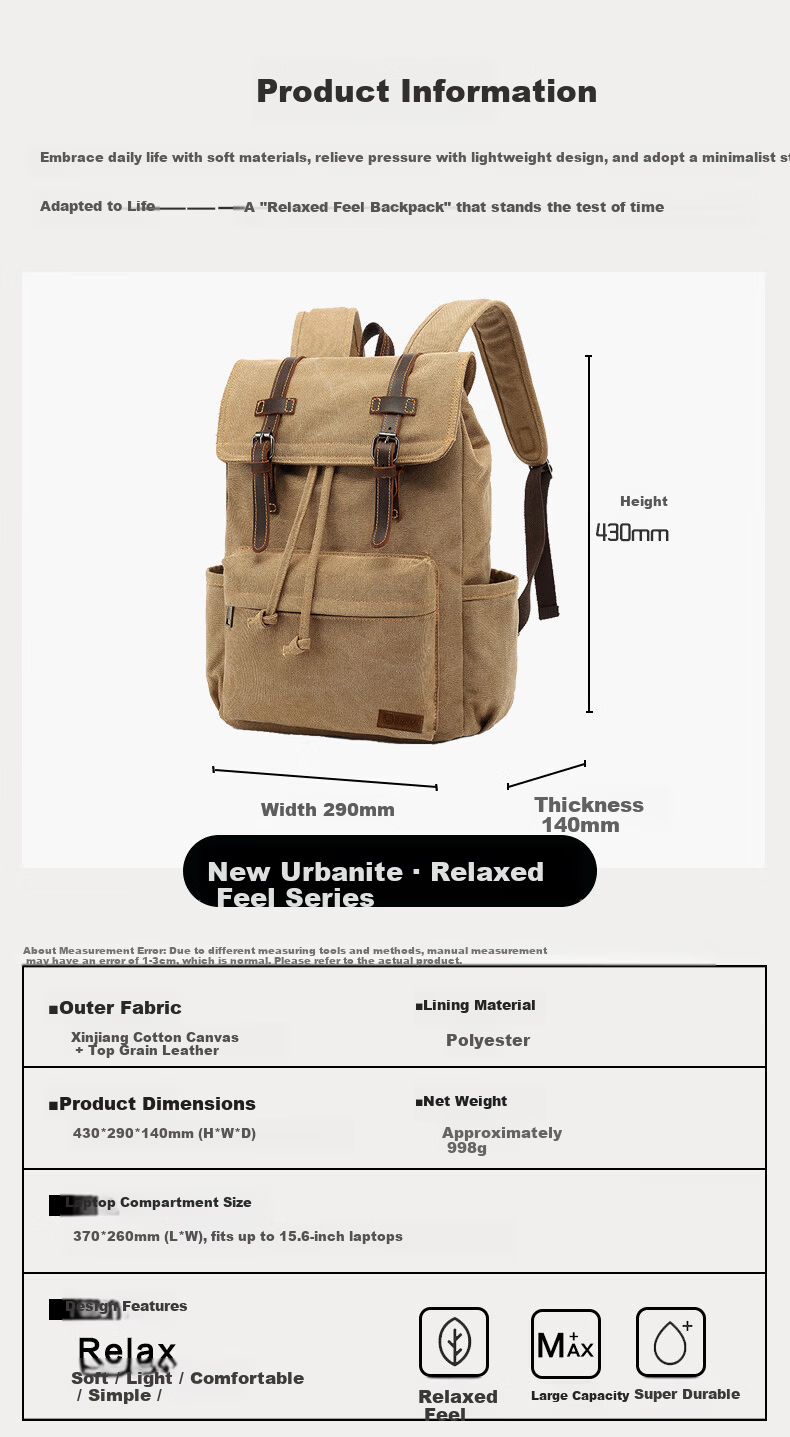 World Geography New Genuine Leather Canvas Backpack Unisex Large Capacity 15.6-inch Laptop Student School Bag Arctic Gray 6