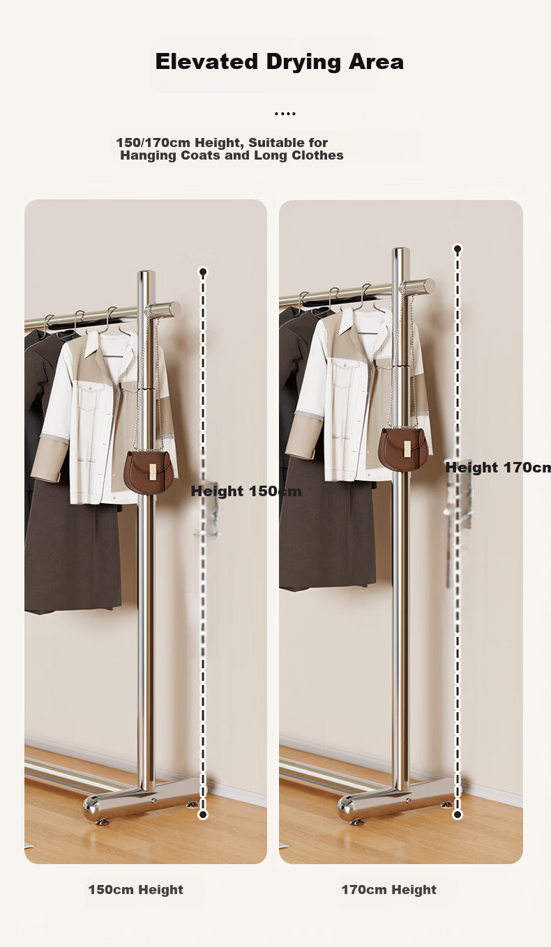 Yaoying YJ11 Stainless Steel Floor Clothes Rack Single Rod Garment Hanger for Bedroom Balcony 120x170cm 5