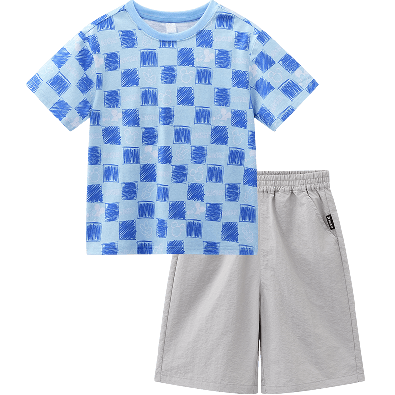 Disney Boys' Casual Short Sleeve T-Shirt and Shorts Set, Blue Base Mickey Plaid, Size 130