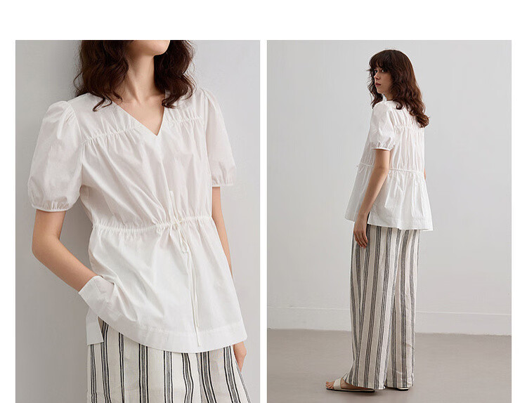 Demana Pure Cotton Light Life Summer Minimalist V-Neck Drawstring Shirt Loose Comfortable Short Sleeve Blouse Women's Top 7