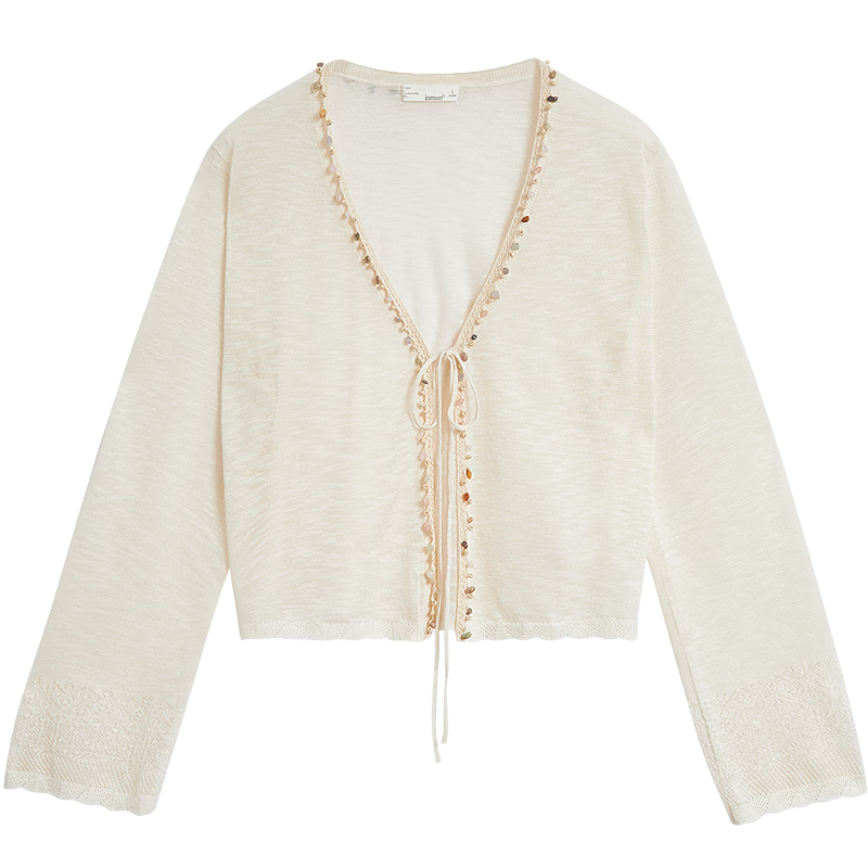 INMAN Beaded Knit Cardigan Summer 2026 Women's Hollow Long Sleeve Flower Apricot M