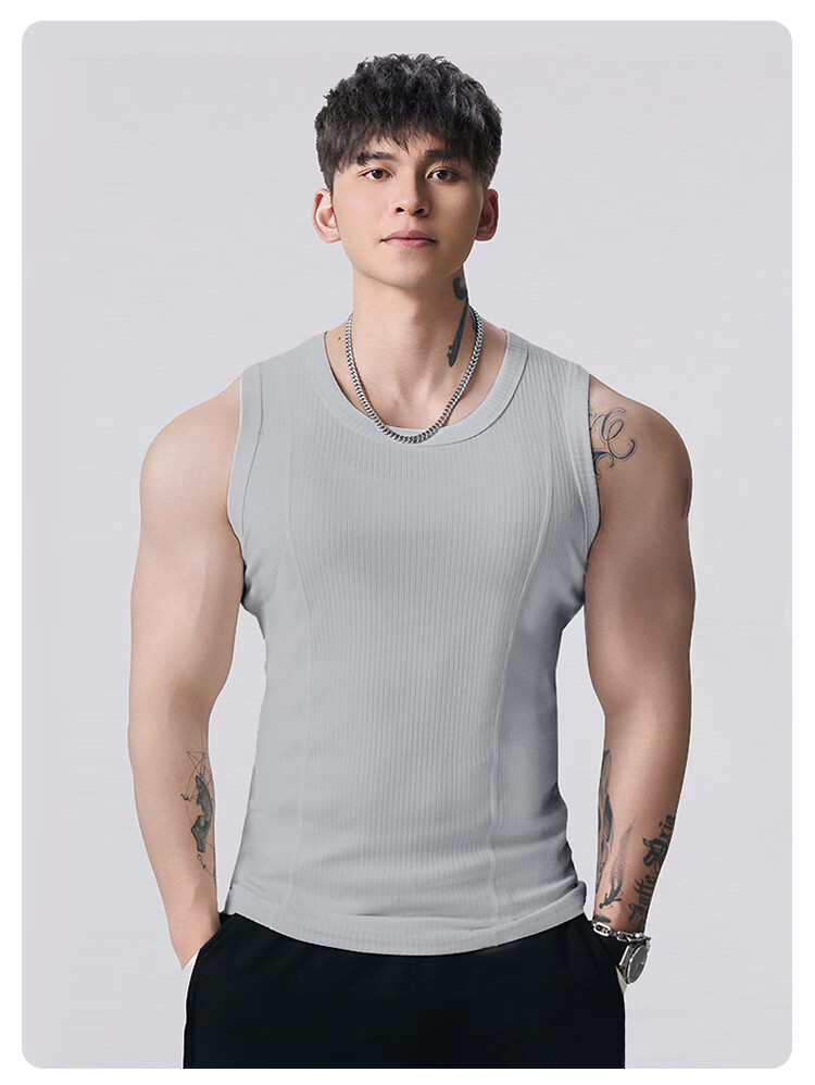 FitonTon Men's Summer Sports Tank Top 10A Antibacterial Trendy Fitness Comfortable Stretch Ribbed Sweatshirt Heather Gray 2XL 8