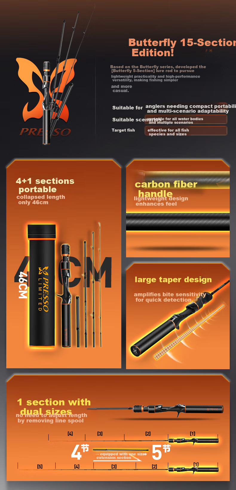 HISTAR 2.13m/2.28m Straight Handle ML [Adjustable Length] Butterfly Five-Section Portable Travel Rod [Carbon Fiber Handle] 2