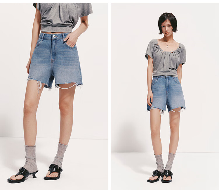 Semir Women's Summer Denim Shorts Frayed Distressed Vintage A-Line Street Style Straight Pants 2026 Model 109326122007 4
