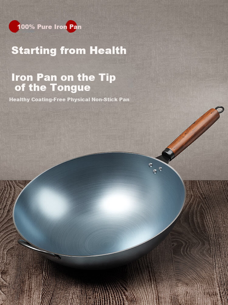 Deming 34CM Carbon Steel Wok Non-Coated Gas Stove Round Bottom Stir-Fry Pan for Home Cooking 1