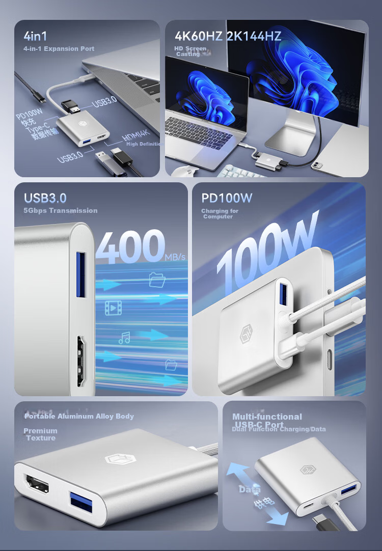 JD Jingzao 4-in-1 Type-C Hub HDMI USB 3.0 PD Adapter for MacBook iPhone Projector USB-C Splitter Dock 1