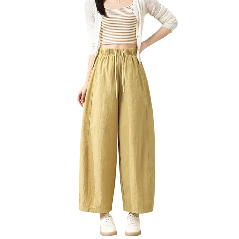 Women’s Summer Thin Wide-Leg Cropped Lantern Pants 2026 New High-Waist Slim Loose Lazy Curved Hem Casual Trousers
