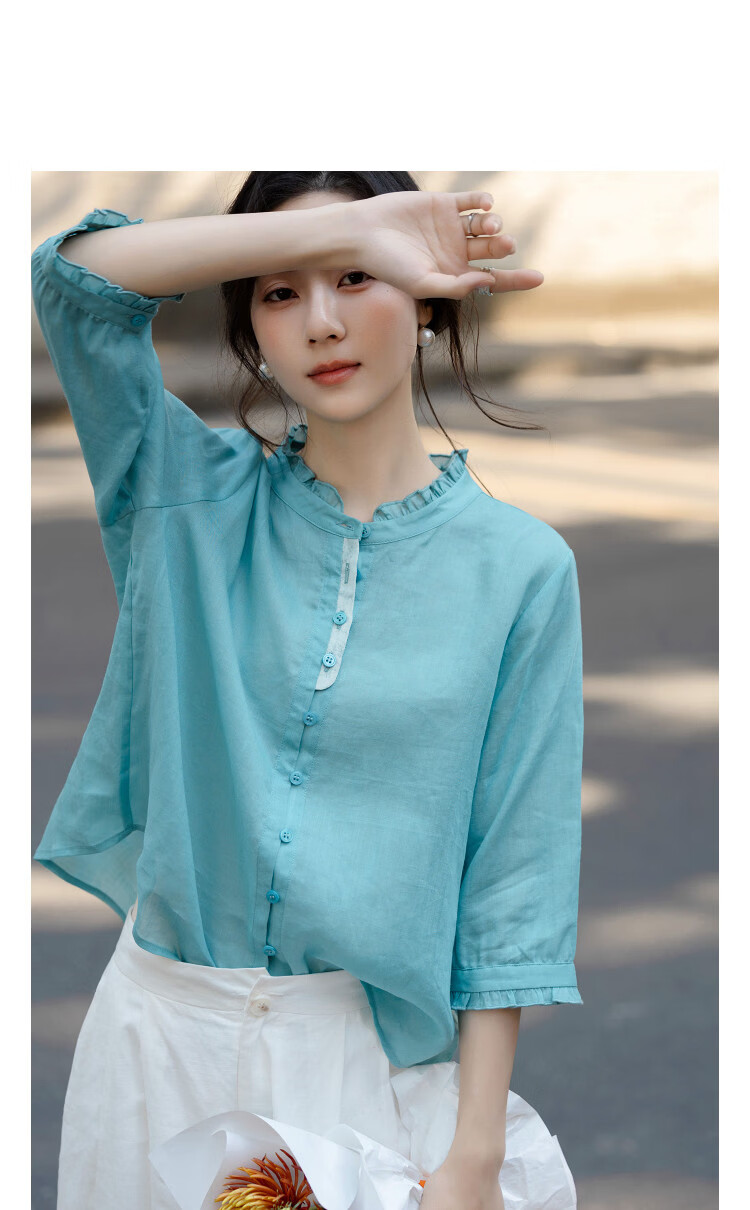 Demana [Ramie Fuchou] Summer Ruffled Collar Three-Quarter Sleeve Loose Slim Cardigan Shirt for Women Premium Quality 11