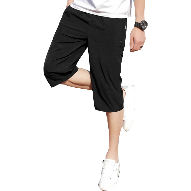 ROMON Men's Sports Shorts Summer Loose Solid Color Seven-Point Pants Simple Thin Breathable Ice Silk Beach Shorts Black 2XL