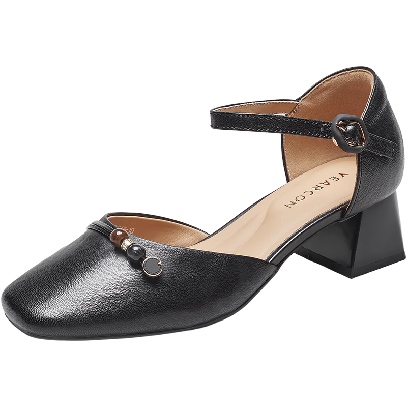 Eierkang Plus Size Women's Sheepskin Chunky Heel Hollow Mary Jane Peep Toe Sandals 27626W Black Size 36