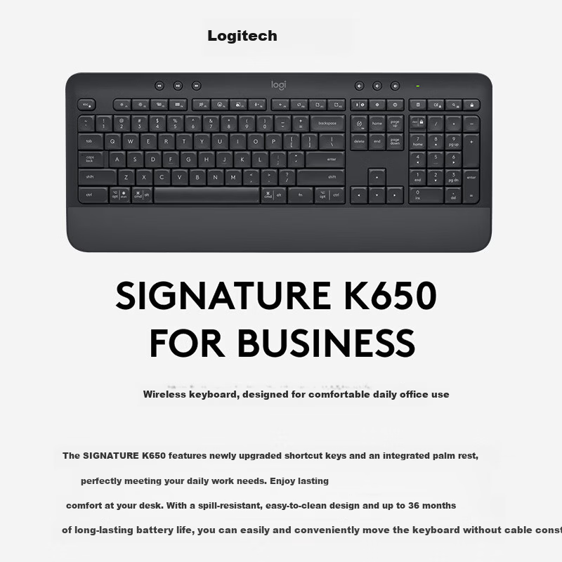 Logitech 2026 Wireless Keyboard K650 B2B Bluetooth Dual Mode Black No Switch Silent 104 Keys