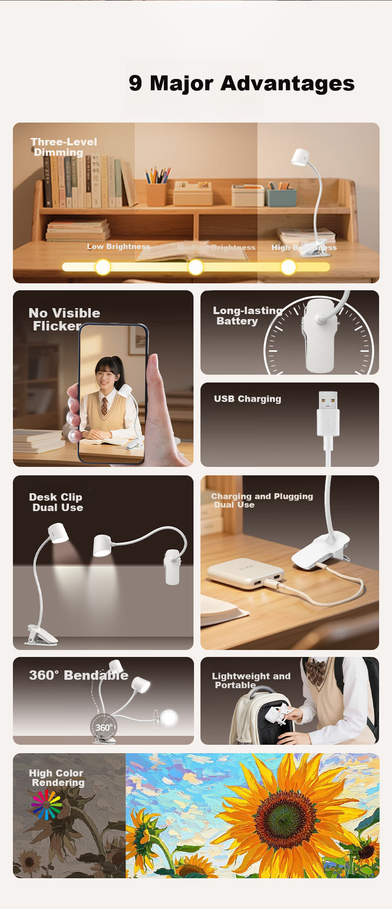Sansi LED Desk Lamp Eye Protection Study Lamp Bedside Lamp Bedroom Dormitory Reading Clip Light Dual Use 4W 2