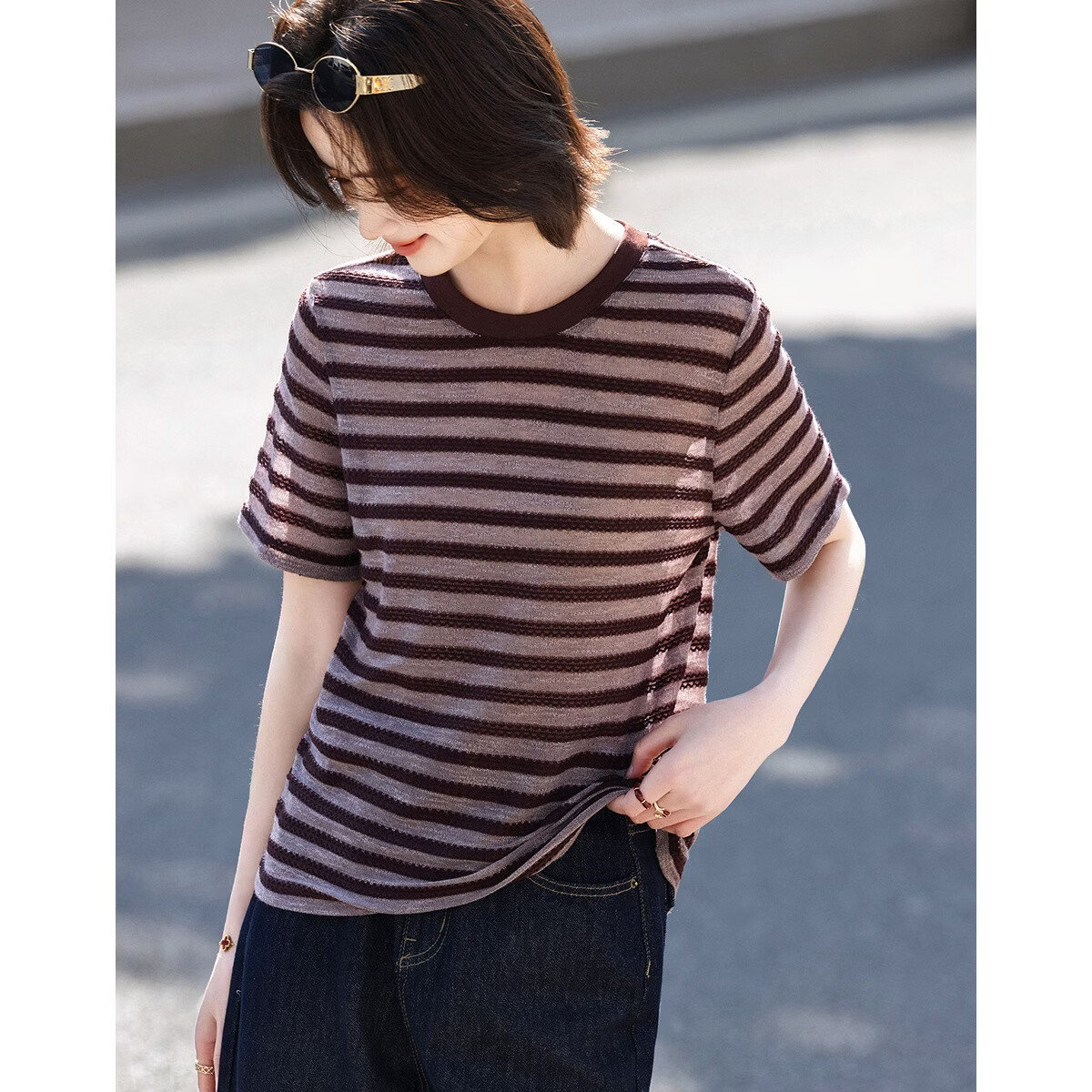 Demana "Piano Overture" Summer Retro Colorblock Round Neck Short Sleeve Stretch Slimming T-Shirt for Women High-End Feel