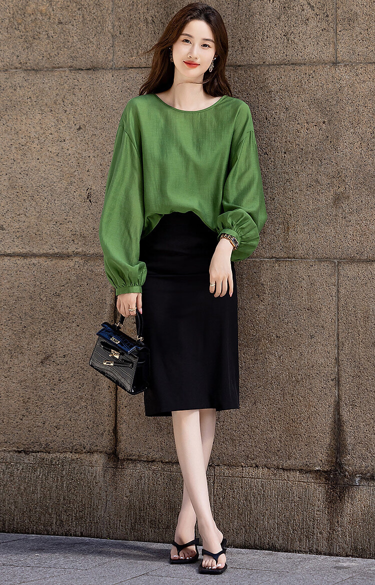 Demana [Shu Yang Pai] Spring and Autumn Acetate Linen Lyocell Blend Lantern Sleeve Straight Loose Shirt for Women 13