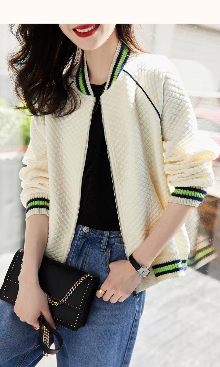 Dme Knitted Chanel-Style Spring And Autumn Baseball Collar Long-Sleeve Zipper Slightly Stretchy Quilted Jacket for Women, Short Style, Off-White, M 17