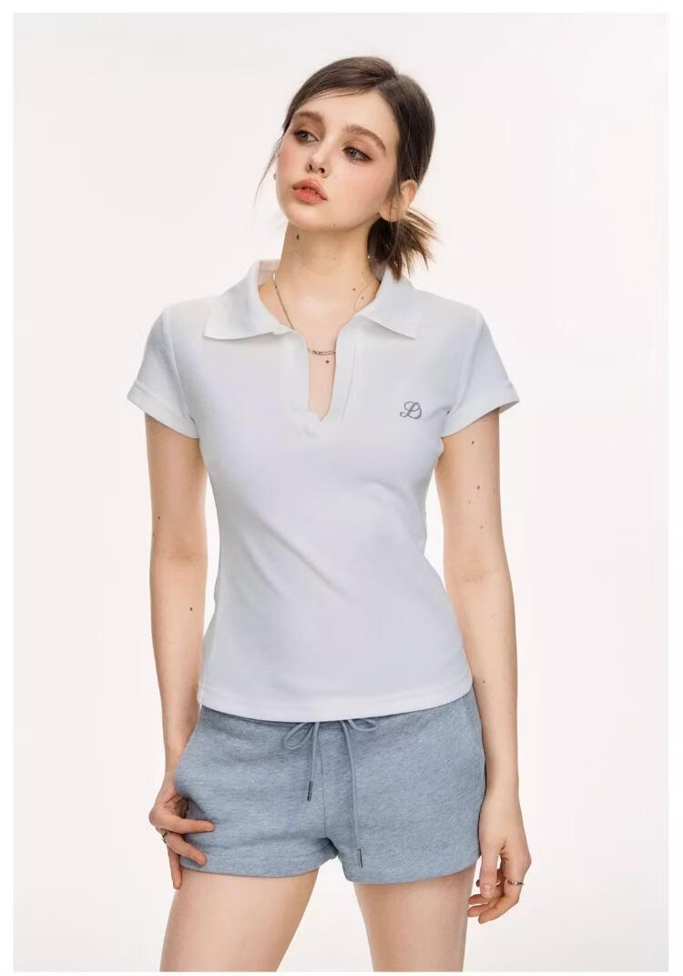 ICH MODE Vintage Polo Collar Short Sleeve T-Shirt Women 2026 Summer New Slim Fit Cropped Top White L 13