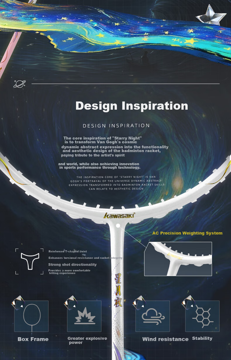 KAWASAKI Starry Night Full Carbon 5U Ultra-Lightweight Offensive Badminton Racket Single Gift Box Starry Blue White String 3