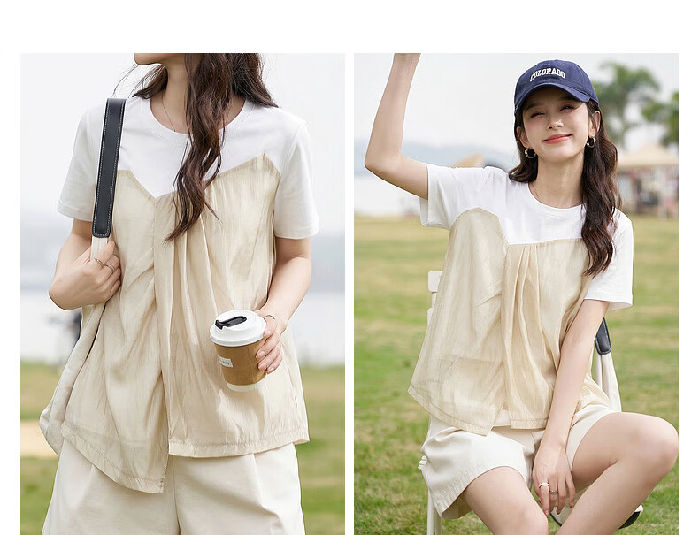 Demana [Comfort Sorona] Summer Elegant Color-Block Crew Neck Short Sleeve Fashion Slim Fit Versatile Women's T-Shirt 6