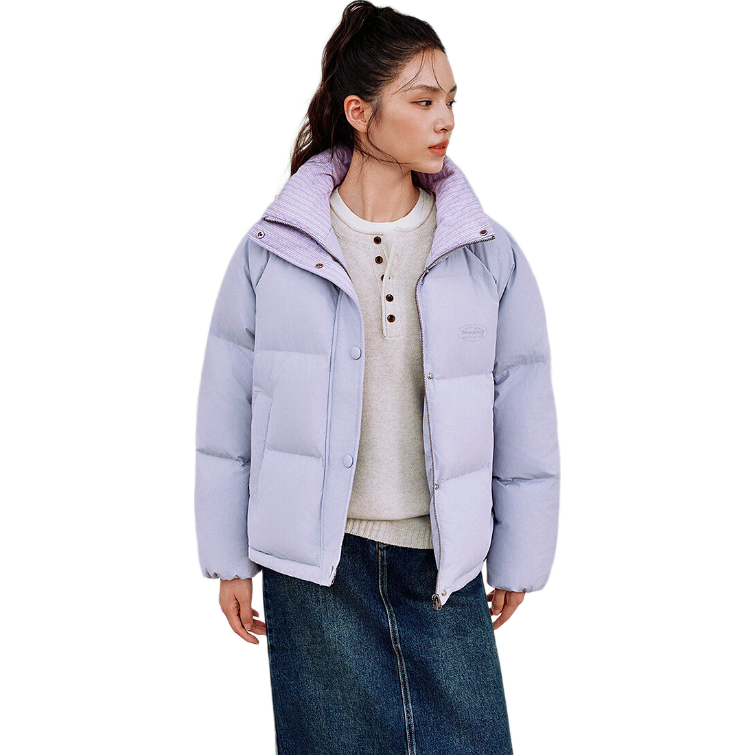 Semir Women's Textured Stripe College Style Down Jacket 2025 Winter Stand Collar Loose Raglan Sleeve Puffer Coat 109725113020