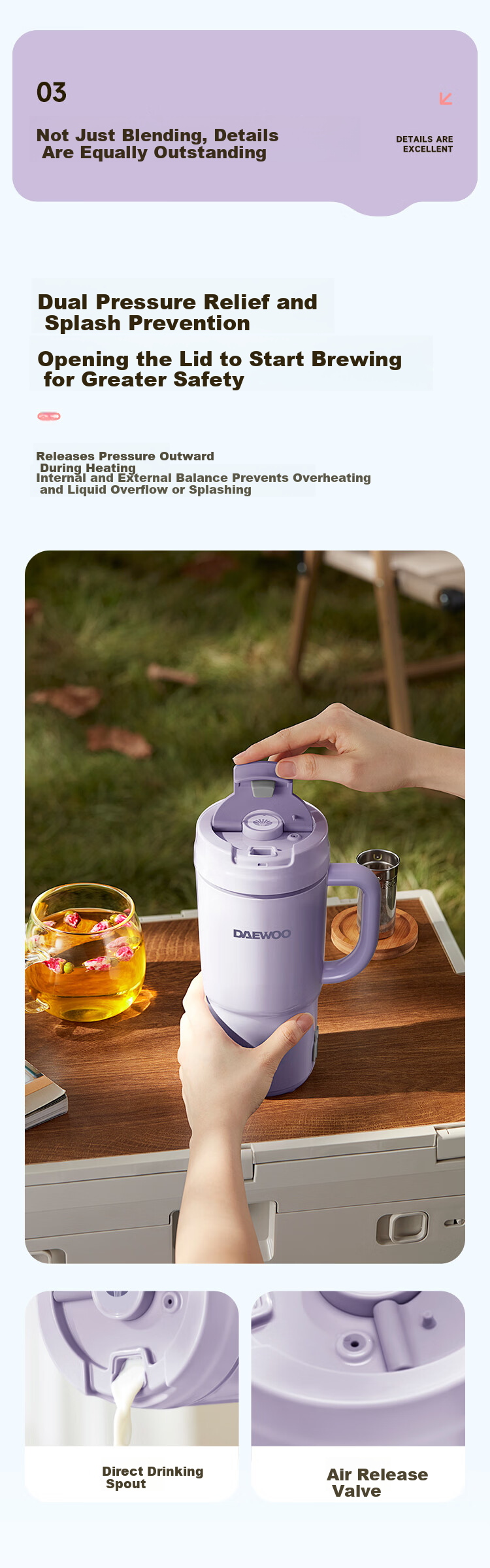 DAEWOO Mini Soy Milk Maker for 1-2 People Fully Automatic No-Cook No-Filter Household Blender Portable Electric Kettle Juicer SM25 Purple 10