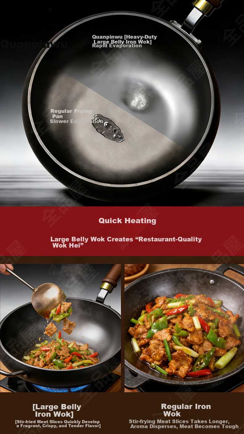 Quanpinwu 26cm Large Belly Iron Stir-Fry Pan Flat Bottom No Coating Non-Stick Rust-Free for Home Small Gas Stove Induction Cooker Seasoned 7