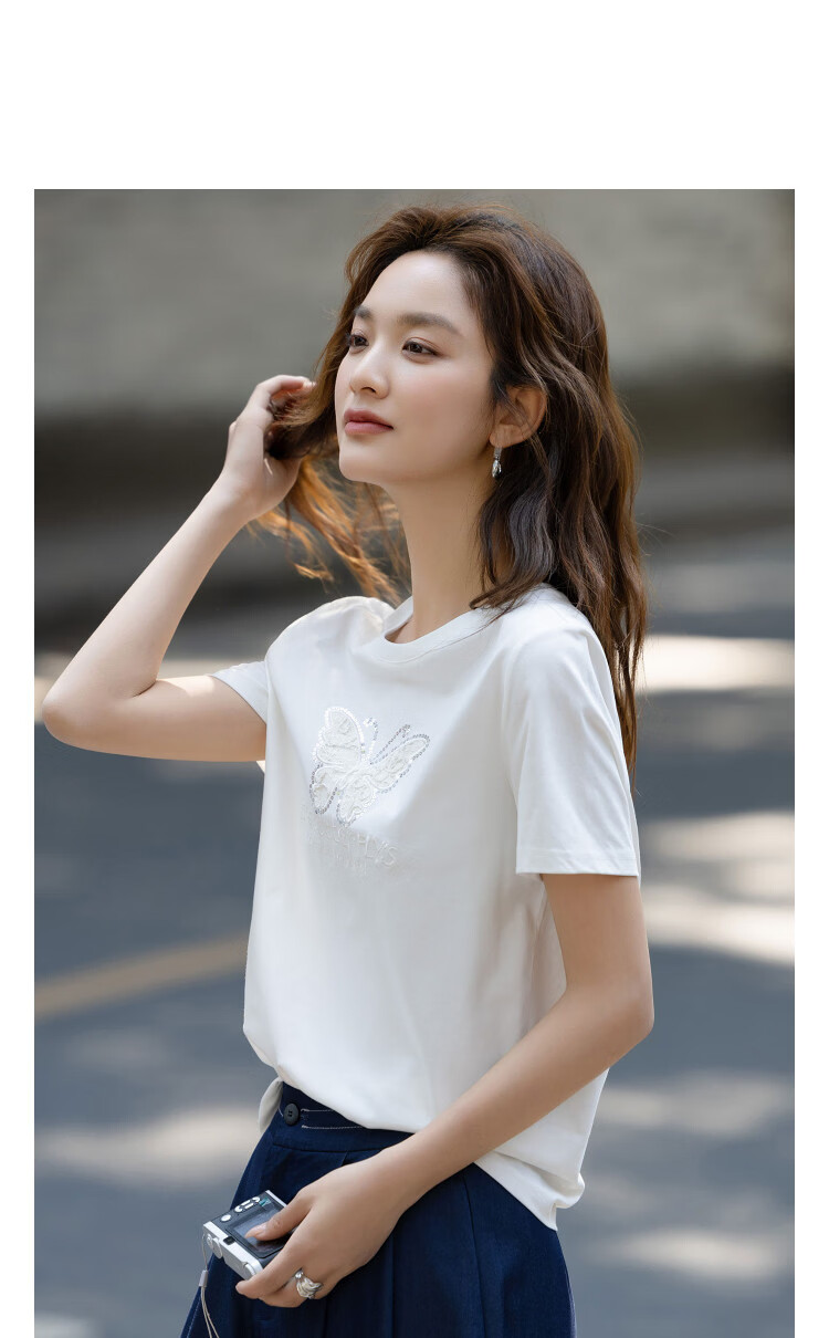 Demana [Cool Sorona] Summer Elegant Round Neck Lace Applique Embroidered Butterfly Slim Fit T-Shirt for Women Premium Feel 3